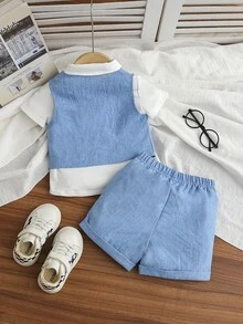 三件套幼儿男童优雅绅士套装：白色针织领短袖衬衫配领结、装饰口袋背心和蓝色松紧腰短裤，适合生日派对、洗礼、周岁生日、正式场合、婚礼宾客、花童、夏季穿着、男婴服装、男婴西装、男婴正装、婴儿正装、男婴洗礼服。 - 彩色 - 查看 2