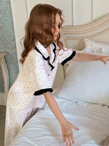 DAZY Tween Girls Spring/Summer New Polka Dot All-Over Print Bow Embroidered Short Sleeve Top And Pants Loungewear Set - Black and White - View 2