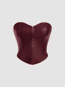 SHEIN MOD Plus Size Women Red Date Night Fishbone Tight Corset Solid PU Leather Tube Top - Burgundy - View 9
