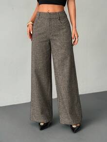 SHEIN PETITE 女士纯色口袋阔腿宽松休闲裤，适合通勤、办公穿着/复古风格/时尚外出/春夏保暖羊毛斜纹直筒裤/夏季女士裤装，棕色斜纹直筒裤，工作裤，秋季 - 咖啡棕 - 查看 9