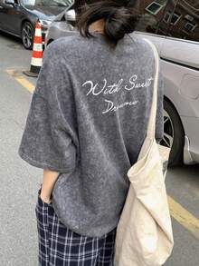 DAZY Women's Letter Print Round Neck Drop Shoulder Casual Loose T-Shirt - Grey - View 4