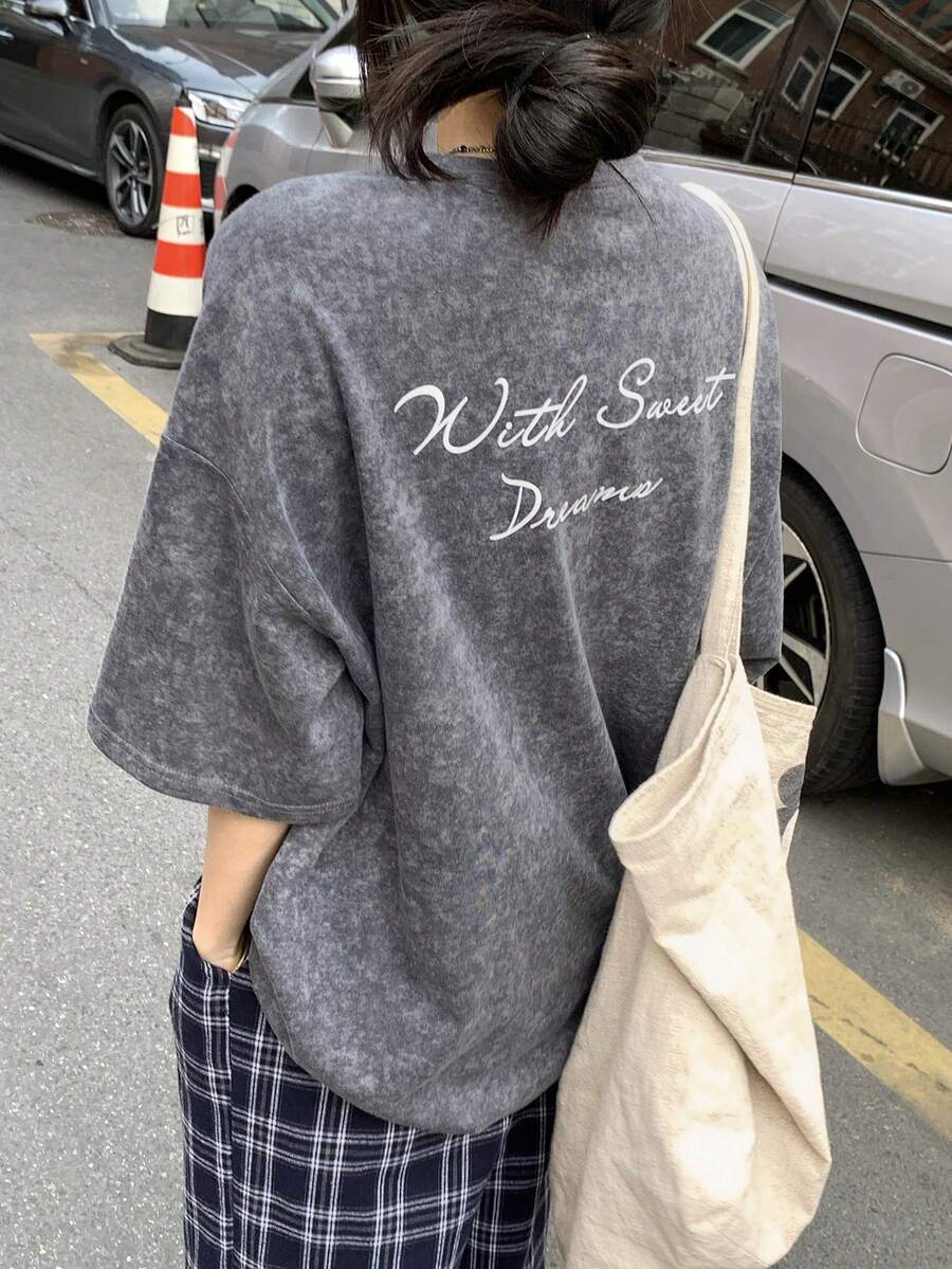 DAZY 女士字母印花圆领落肩休闲宽松T恤 - 灰色 - 查看 1