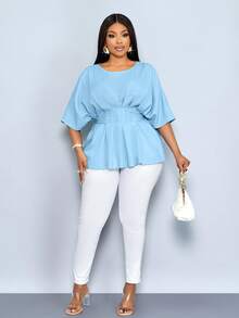 SOLERSUN Modă de primăvară și vară timpurie pentru femei plus size, elegantă pentru vacanță, casual cu mâneci scurte, mâneci raglan, mâneci de liliac, cămașă cu guler rotund, curea în talie, material textil albastru plisat în față, asortată zilnic, cumpărături, întâlniri, vacanță de primăvară, Ziua Îndrăgostiților, naveta la modă - Albastru - Vizualizare 4