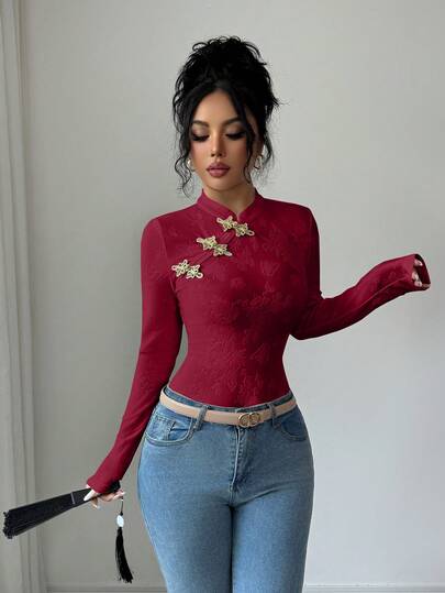 SHEIN Elenzya Women's Casual Jacquard Elastic Fabric Elegant Fitted Cheongsam Collar Long Sleeve T-Shirt With Golden Button Decor, Butterfly Pattern, Suitable For 20-35+ Women For Daily Wear, Office, Commuting (Random Print), Spring/Autumn/Winter