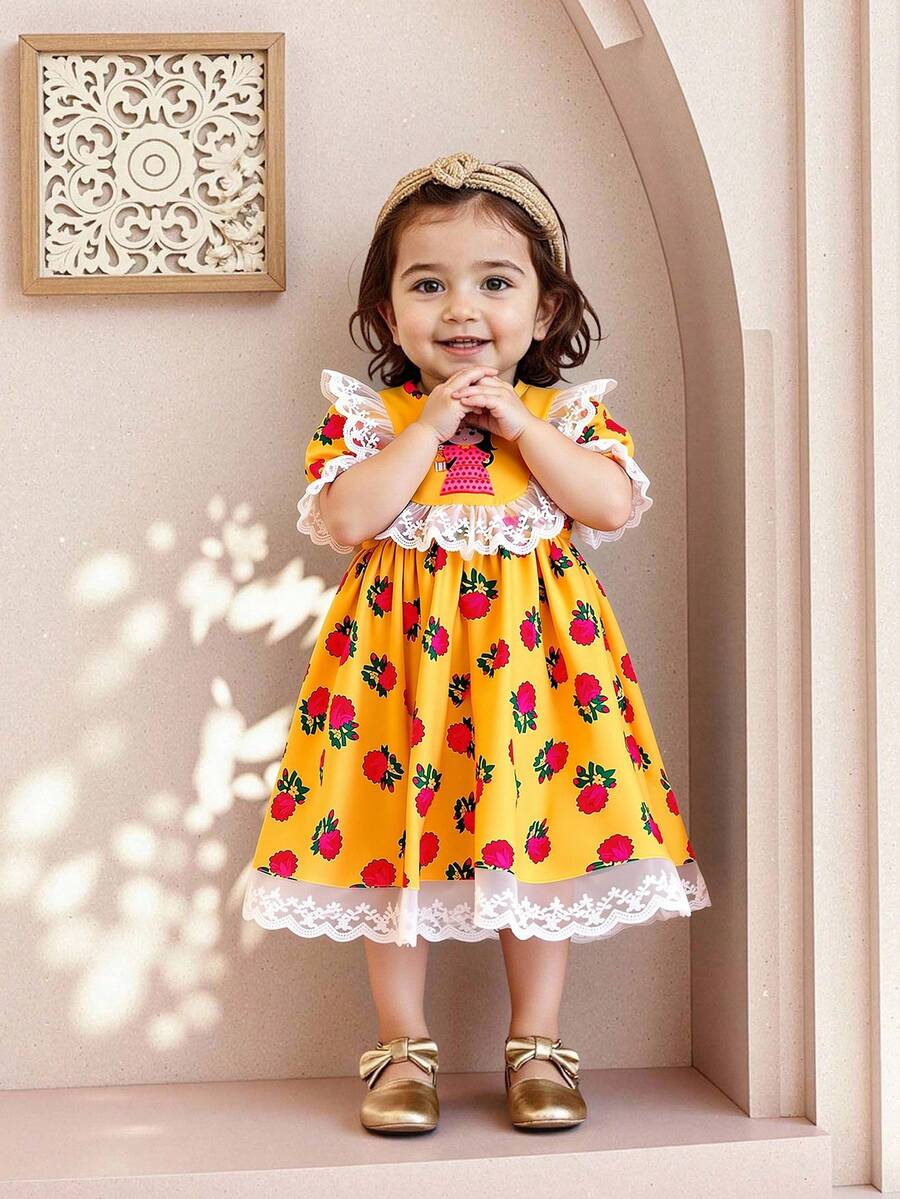 Toddler Girls' Ditsy Floral Long Sleeve Ruched Waist Peter Pan Collar Dress, Middle Eastern Style, Summer Fashion Cute Princess Dress - Yellow - View 1