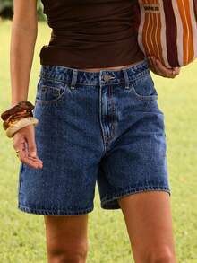 Aralina 女士夏季牛仔休闲妈妈短裤，沙滩装，Y2K斯德哥尔摩风格街头服饰 - 中等水洗藍 - 查看 1