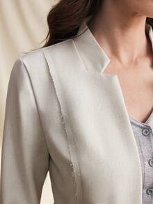 Zovinel New Linen Stand Collar Long Sleeve Women's Blazer Jacket, Commuting Style - Beige - View 6