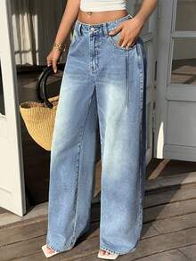 Sunnyshic Women's Casual Washed Loose Straight Leg Jeans - Blue - View 6