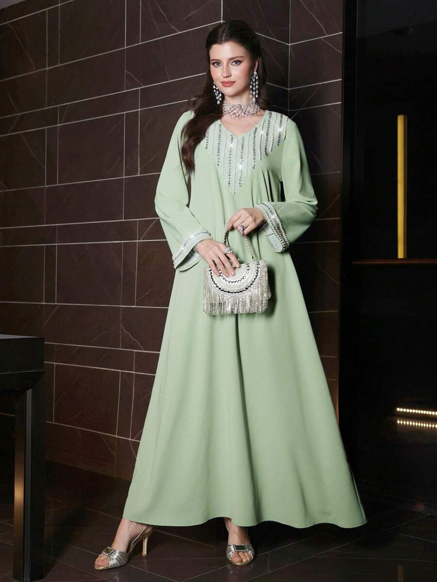 SHEIN Najma 女士宽松刺绣水钻珍珠优雅休闲睡袍 - 綠色 - 查看 1