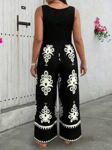 SHEIN LUNE 大码女式印花纽扣设计方领无袖阔腿连体裤 - 黑色 - 查看 2
