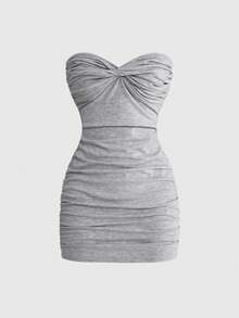ROMWE Y2K Áo croptop họa tiết hoa màu xám, đầm mini ôm sát gợi cảm dành cho nữ. - Xám - Xem 1