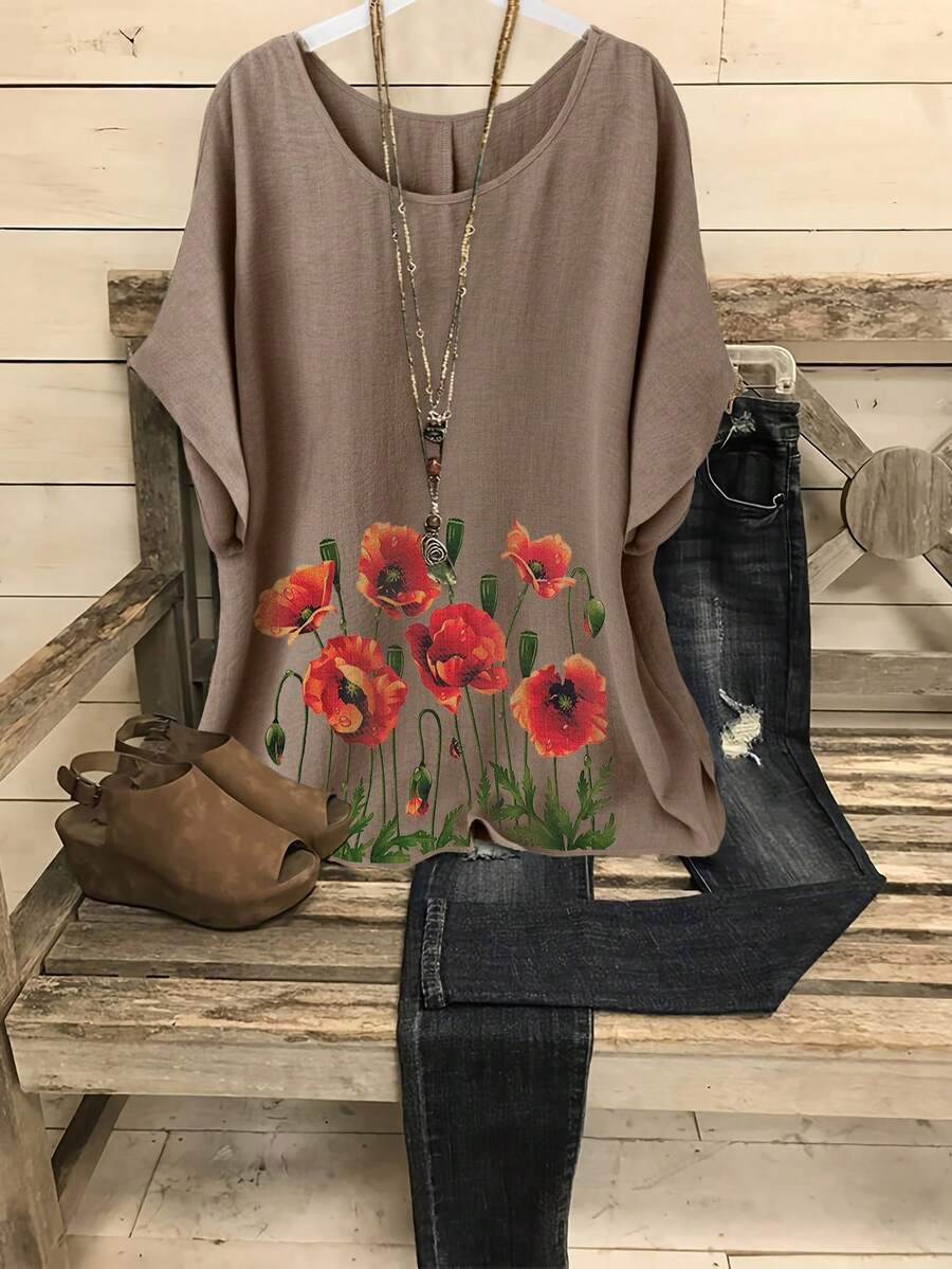 Linhara 大码女式夏季休闲碎花蝙蝠袖宽松衬衫 - 棕色 - 查看 1