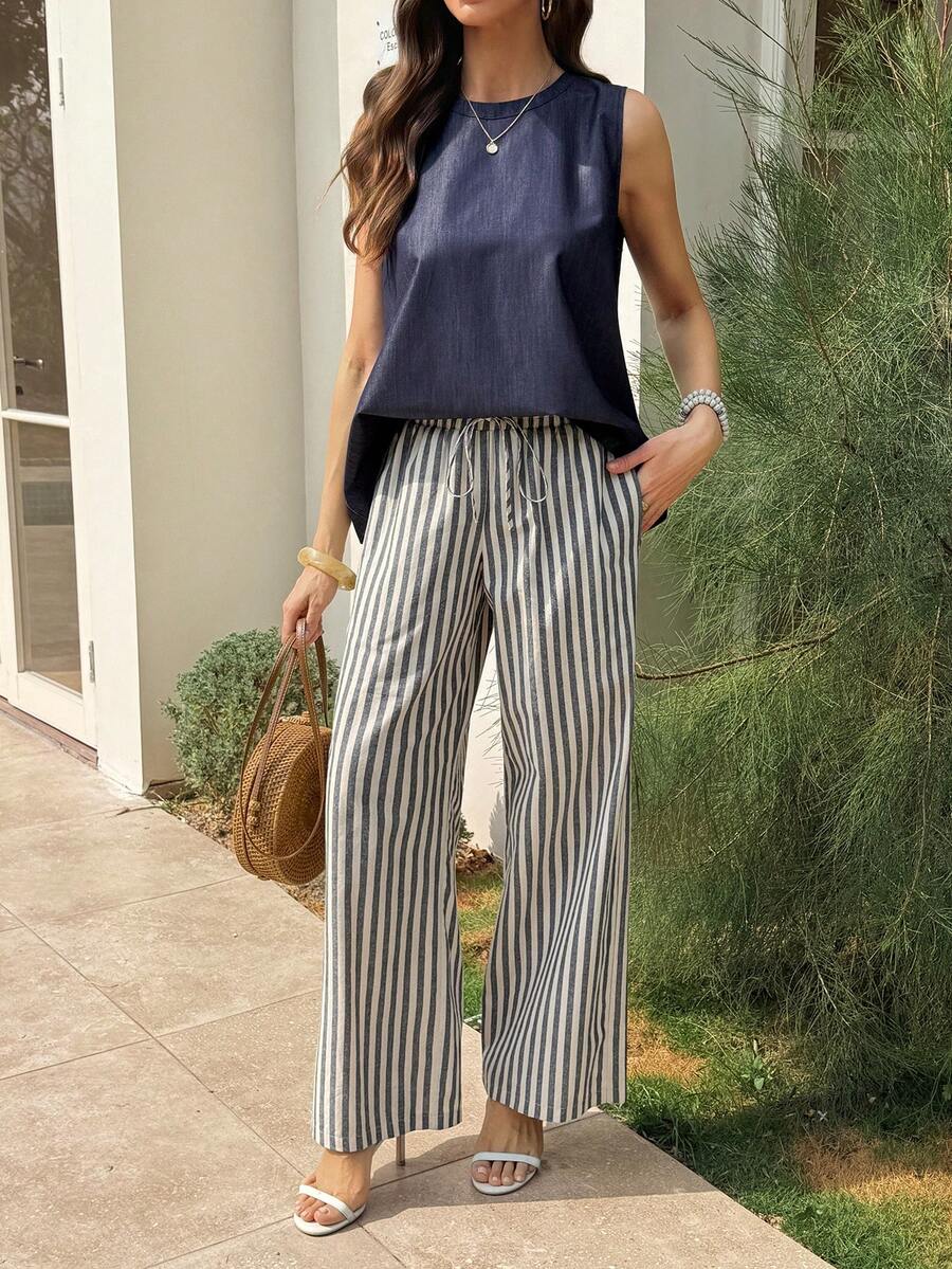 Livesso Women's Sleeveless Striped Loose Shirt Top And Wide Leg Pants 2 Pieces Set - Blue - View 1
