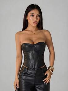 SHEIN PETITE 女款棕色時尚派對 PU 抹胸短版上衣，皮革束腰上衣，適合夜店、冬季、萬聖節、聖誕節、新年，夏季，小碼女款 - 黑色 - 查看 10