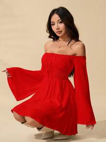 SHEIN PETITE 浪漫露肩荷葉袖收腰洋裝，適合嬌小女性 - 紅色 - 查看 6