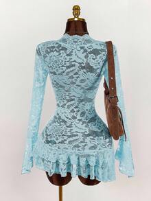 Amplova Vestido mini transparente de estilo hippie de escote bajo para mujer - Celeste - Ver 7