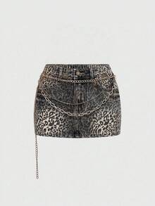 ROMWE Grunge Punk 大码 Y2K 豹纹闪光水钻链条装饰超迷你牛仔裙 - 鏽棕色 - 查看 1