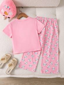 SHEIN 女童猫咪印花圆领短袖上衣和裤子休闲家居服睡衣套装 - 彩色 - 查看 8