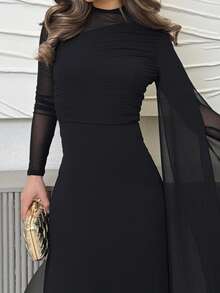 Jemour 撞色网纱褶皱长袖连衣裙 长款晚礼服 - 黑色 - 查看 3