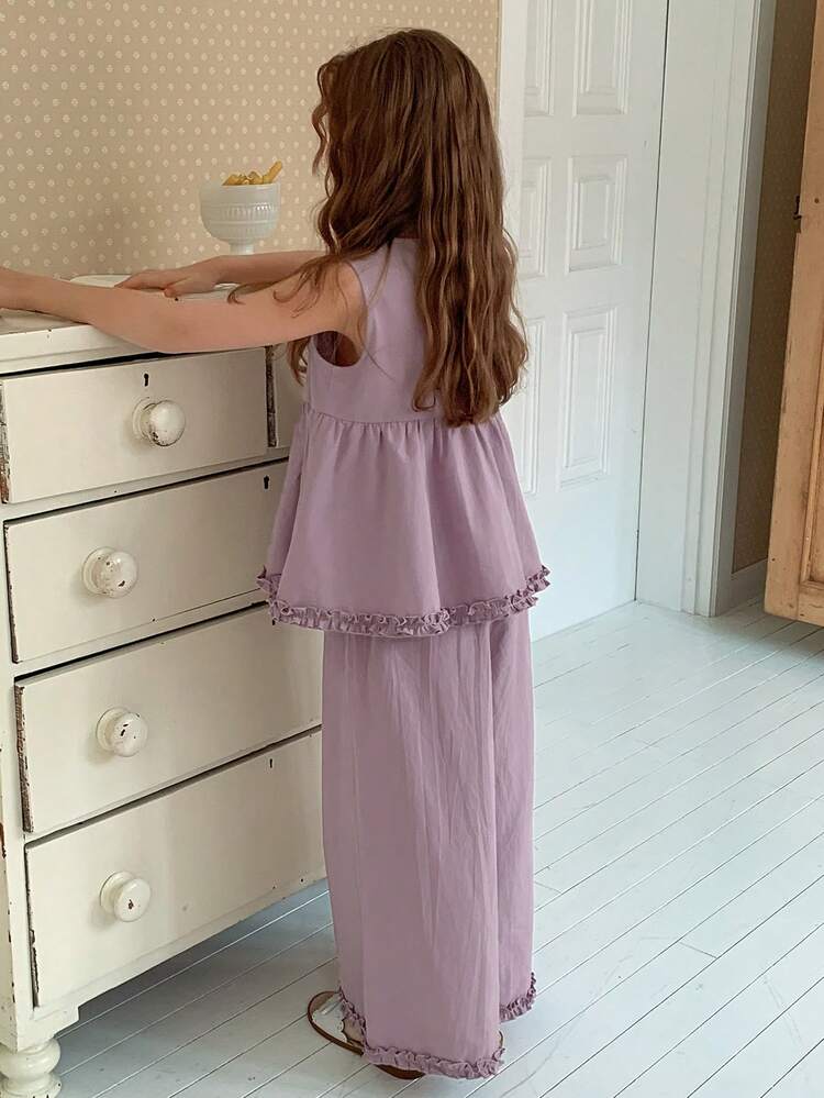 2pcs Tween Girls Woven Solid Color Collared Shirt + Pants Set, Fall Summer