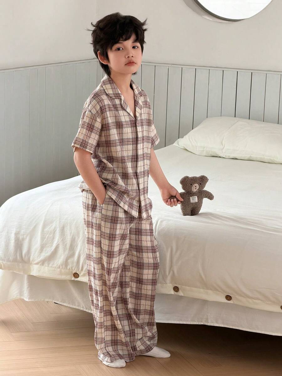 DAZY Tween Boys' Plaid Minimalist Casual Short Sleeve Pajamas - Apricot - View 1