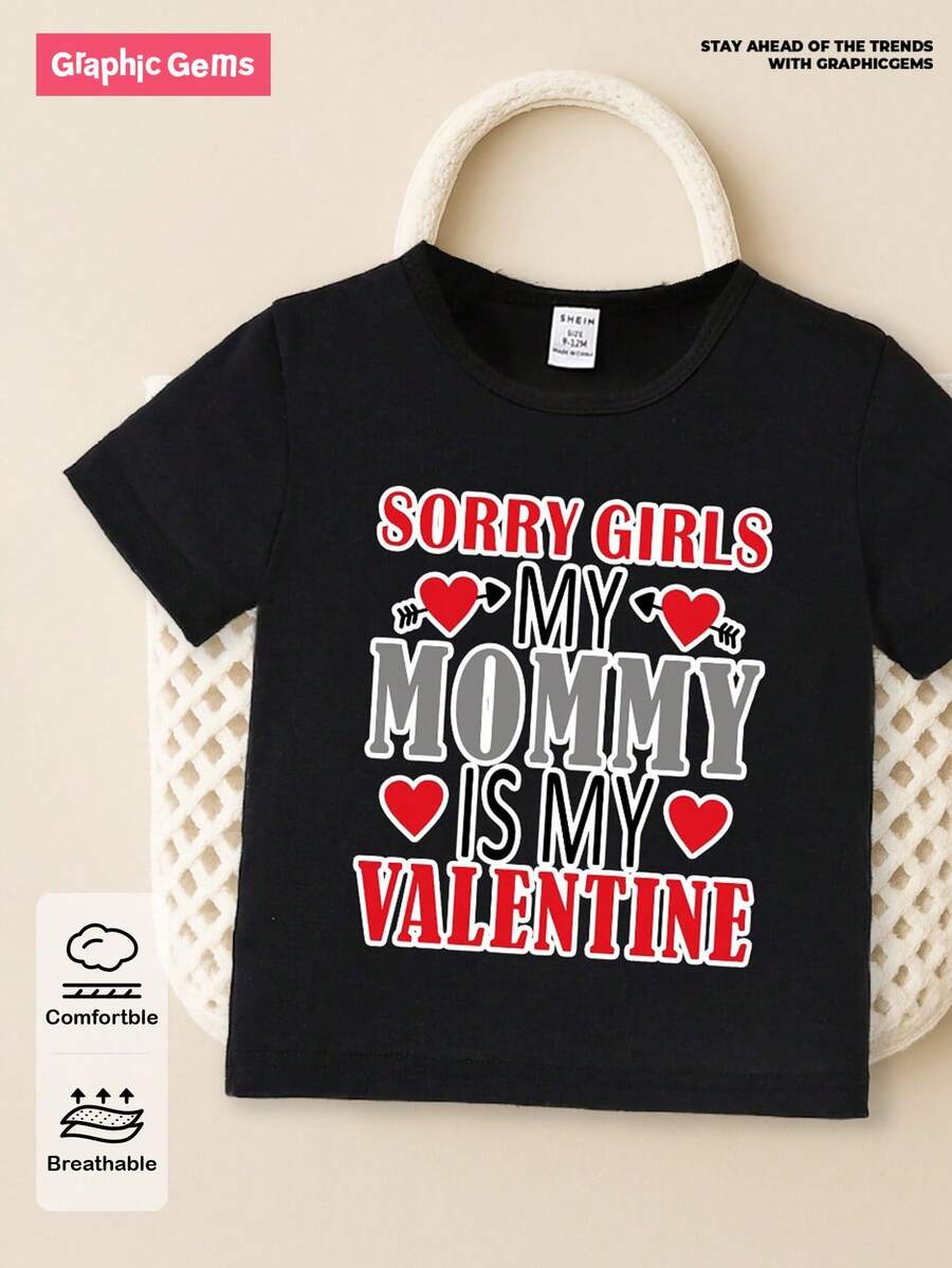 SHEIN GraphicGems Baby Boy Casual Simple Fun Lovely Letter Print Top, Suitable For Valentine'S Day - Black - View 1