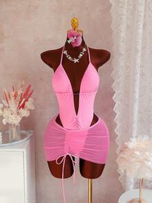 Swim Vcay Deep V-Neck Backless Elegant Solid Color Ruffle Hem Skirt, Beaded Spring/Summer Beach Bikini Swimsuit 2-Piece Set - Hot Pink - View 6
