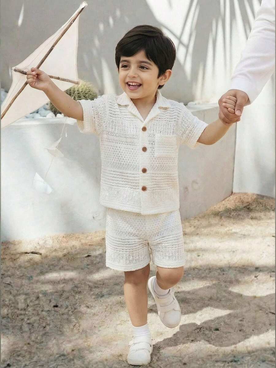 Cozy Pixies Bộ 2 món cho bé trai, màu trơn, kiểu dáng thường ngày, cổ polo, tay ngắn và quần short cạp chun. - Màu be - Xem 1