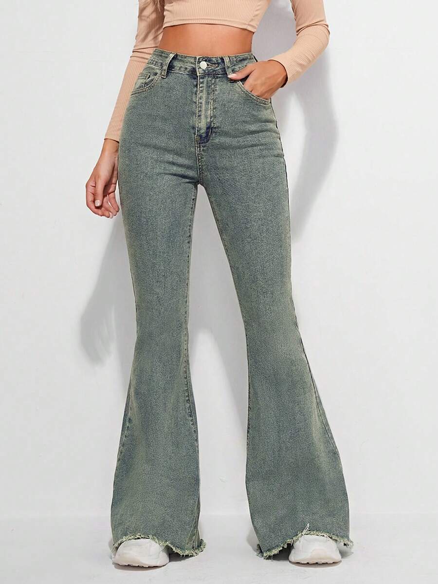 EMERY ROSE Jeans évasés à poches inclinées de style rétro pour femmes - Bleu azur - Voir 1