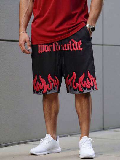 ResortEase Pantalones cortos casuales de talla grande para hombres con estampado de letra y llama, de verano