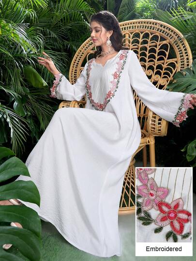 Yasmyna Elegant Floral Embroidery Patchwork Long Sleeve Loose Flowy Romantic Dress