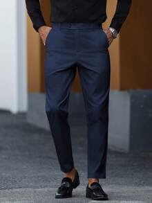 Manfinity Mode Men's Casual Versatile Solid Color Suit Pants Navy Blue Dress Pants Men Men Slim Fitted Pants - Navy Blue - View 4