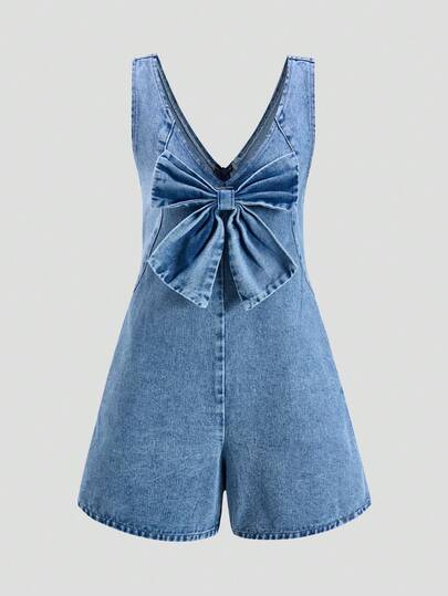 SHEIN MOD Women's V-Neck Sleeveless Bow Decor Denim Jumpsuit, Fashionable Summer