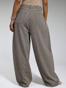 COUREZ Unisex Women Men Low Rise Baggy Barrell Fit Check Trousers Cotton - Coffee Brown - View 2