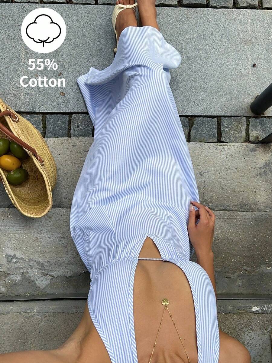 SHEIN Tall Blue & White Striped Cotton Fabric Deep V-Neck Halter Backless A-Line Maxi Dress, Tall Women Spring/Summer Commute Vacation Beach Romantic Minimalist Casual Versatile - Blue - View 1