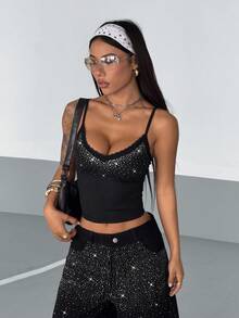 StreetHx Women's Street Style Lace Patchwork Rhinestone Embellished Fitted Camisole - Black - View 6