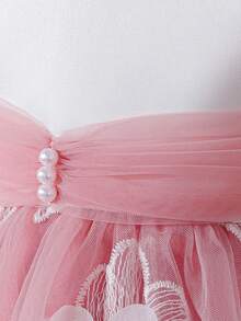 Glamorique Kids 女婴粉色网纱连衣裙，饰以白色3D立体花朵刺绣，高档缎面材质，配腰带，适合婴儿生日派对、婚礼、晚宴、度假、舞台表演等场合，亦可作为公主裙穿着。 - 藕粉色 - 查看 4