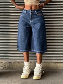 StreetHx 女士时尚休闲百搭刺绣条纹七分牛仔裤 - 深色水洗藍 - 查看 6