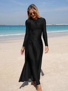 Swim Shayni Women's Black Shiny Fabric Ruched Zipper Drawstring Beach Dress, Long Sleeve Long Dress Long Pants, Arabic Style Swimwear Cover Up Set - Black - View 5