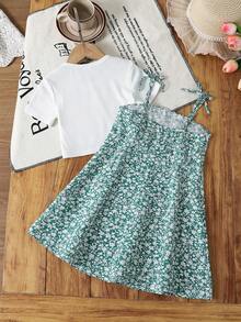 Emery Rose Kids Emery Rose Kids 2pcs/Set Young Girl Solid Color Knit T-Shirt And Printed Chiffon Slip Dress 2pcs/Set Young Girl/Tween Girls White Knit Fitted Crop Top And Ditsy Floral Camisole Dress, Casual Vacation, Comfortable Home Wear, Suitable For Spring/Summer, Clean Girl Look Young Girl Spring Dress Children Casual Dress Summer Clothes White Dress Prom Dresses Mmer Dresses White Dresses Pink Dress Graduation Dress Prom Dress - Green - View 8