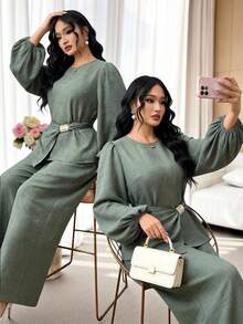 Modelyn Plus Size Solid Color Asymmetric Hem Round Neck Long Sleeve Top And Wide Leg Pants 2 Pieces Set Two Piece Set Women Elegant Modest Two Piece Set Wide Leg Pants Set - Green - View 4
