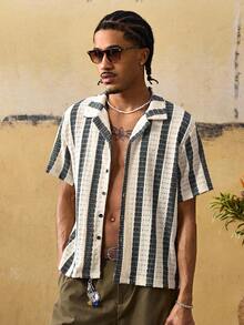 ROMWE MEN Men's Cuban Collar Striped Casual Vacation Shirt - Multicolor - View 6