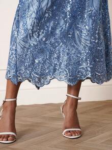 Lilora 女士优雅蕾丝串珠半身裙，时尚夏季 - 藍色 - 查看 7