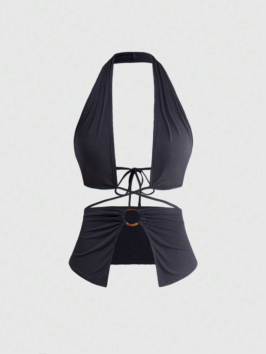 ROMWE Avant Deep V-Neck Tie Halter Backless Sexy Camisole For Women - Dark Grey - View 1