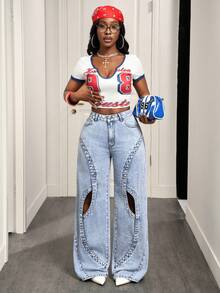 BamGleam Fashionable Casual Cutout Design Wide Leg Jeans For Women - Blue - View 6