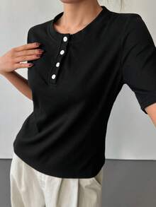 DAZY Solid Color Casual Half-Placket Fitted Short Sleeve Commuter Short Sleeve T-Shirt, Spring/Summer - Black - View 5