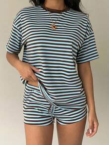Aloruh 女士休闲条纹短袖T恤短裤两件套，夏季 - 藍色 - 查看 7