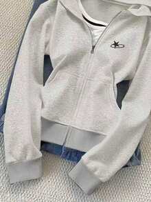 INAWLY Embroidered Hooded Fitted Sweatshirt For Women - Light Grey - View 4