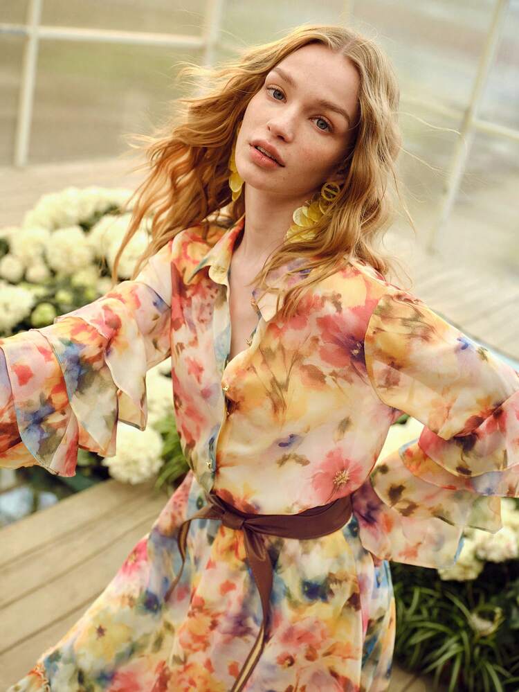 CHEMISE ÉLÉGANTE À MANCHES LONGUES AVEC DÉTAILS VOLANTÉS ET IMPRIMÉ FLORAL ROMANTIQUE POUR FEMMES, PRINTEMPS/ÉTÉ