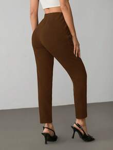 SHEIN PETITE Quần lửng nữ màu đen co giãn có túi - màu nâu - Xem 2